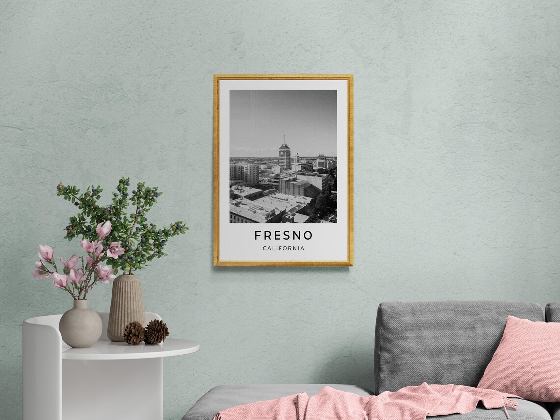 Fresno California Downtown Skyline Monochrome Black White City Poster - Image 2