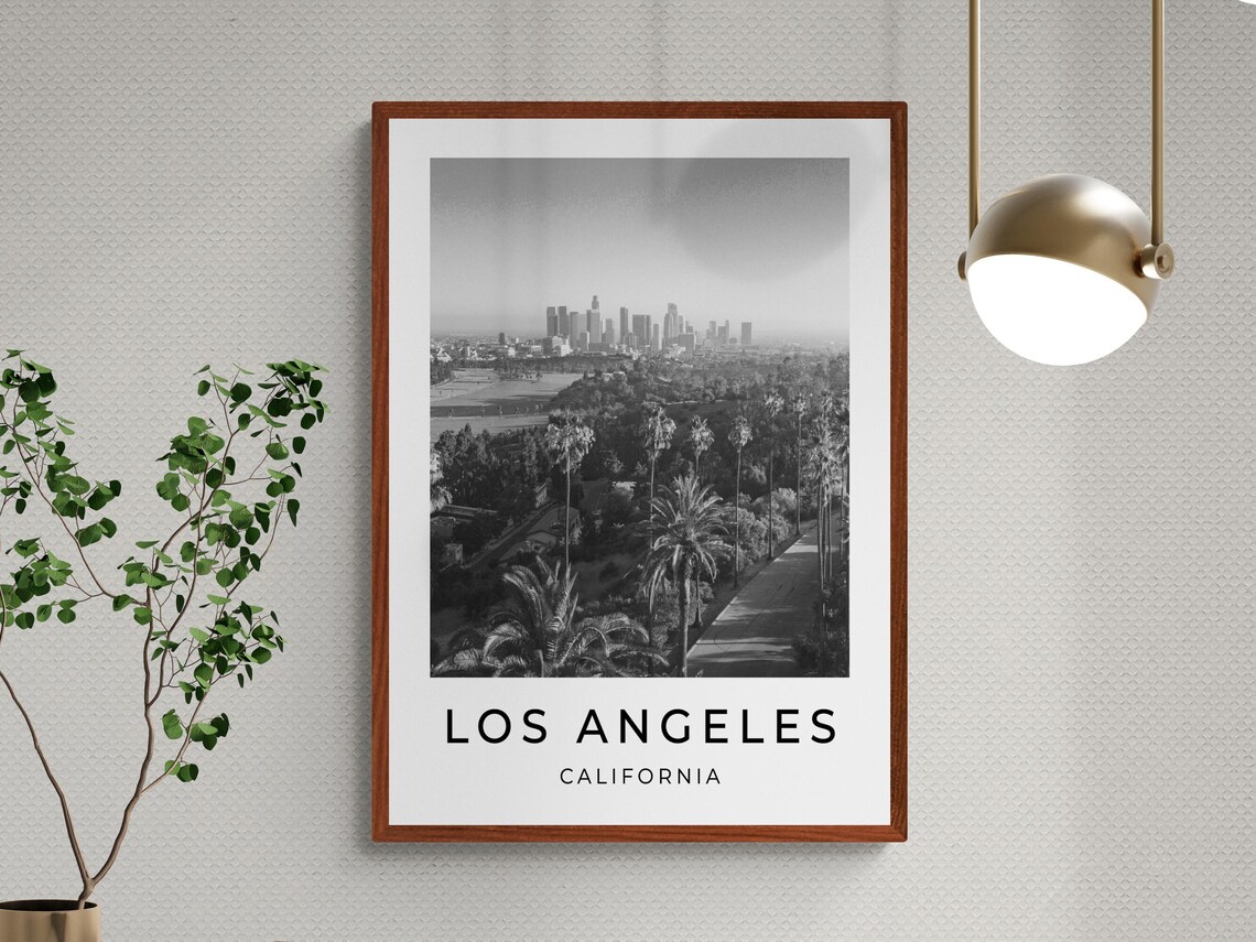 Los Angeles California Downtown Skyline Palm Trees Monochrome Poster - Image 3