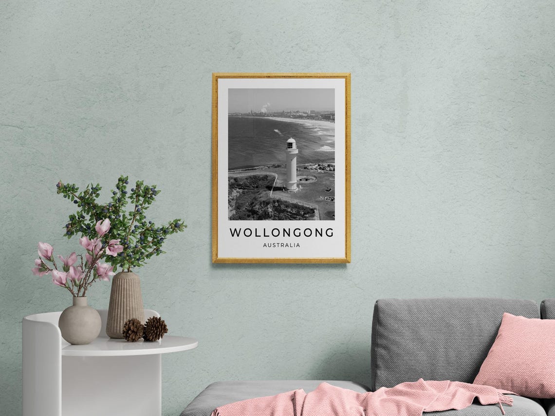 Wollongong Australia Lighthouse Coastal Cliff Black White Poster - Image 2