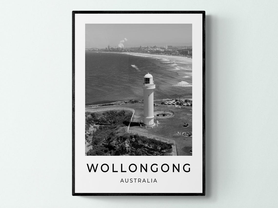 Wollongong Australia Lighthouse Coastal Cliff Black White Poster