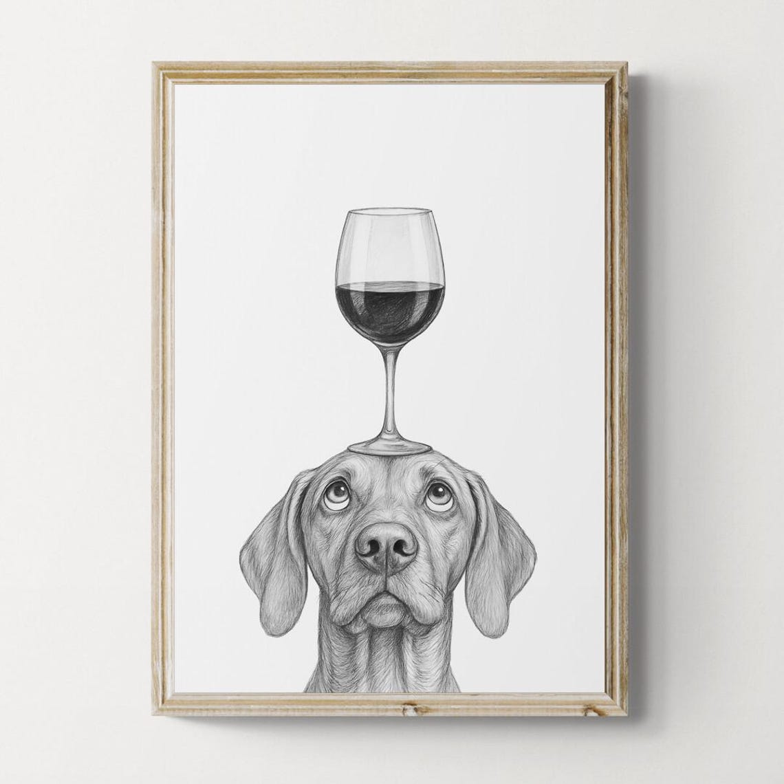 Vizsla Dog Balancing Wine Glass Playful Black White Art Poster