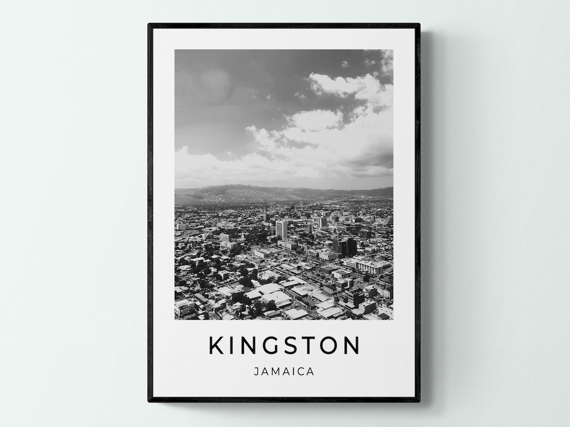 Kingston Jamaica Aerial Cityscape View Black White Travel Poster