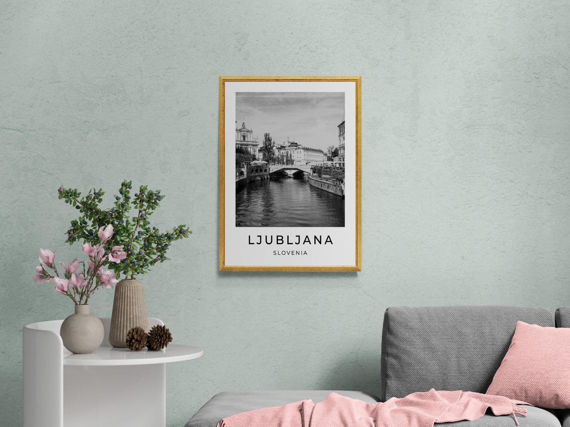 Ljubljana Slovenia Triple Bridge River Black And White Travel Poster - Image 2