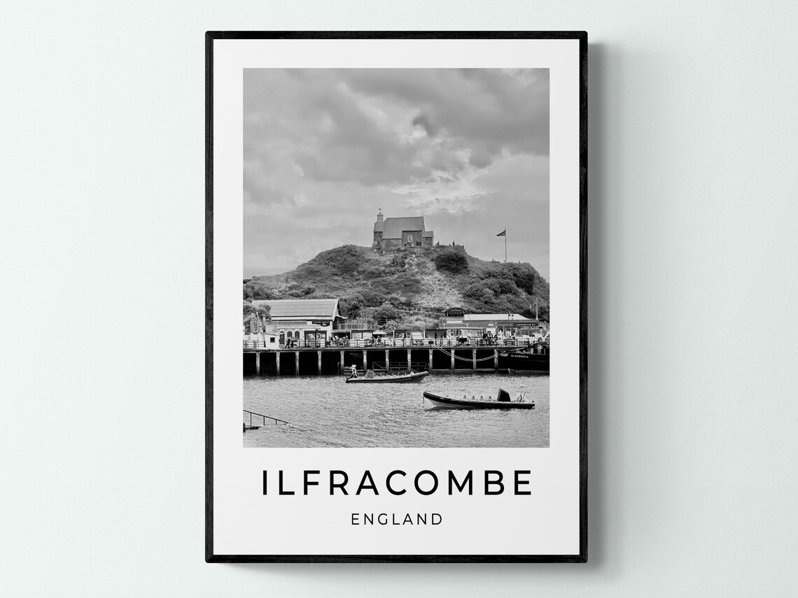 Ilfracombe England Chapel On The Hill Above Harbor Boats View Poster