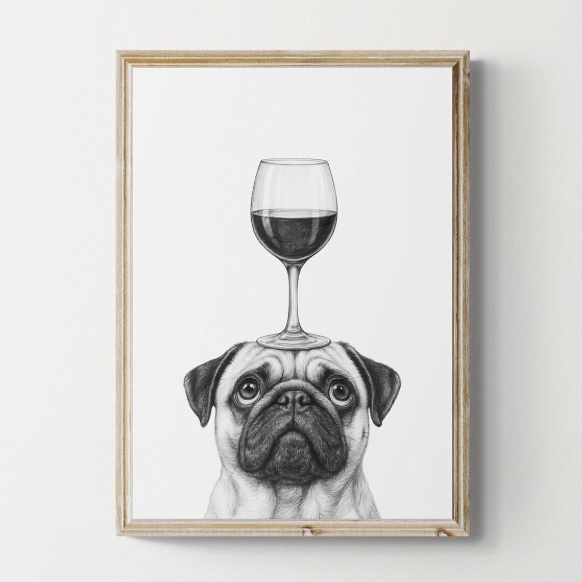 Pug Dog Art Print Funny And Wine Drawing Lover Wall Decor Lovers Gifts