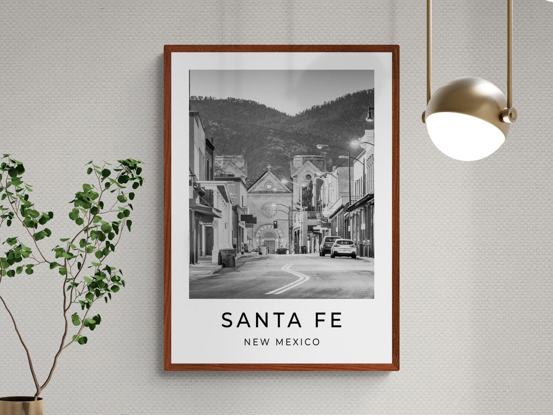 Santa Fe New Mexico Downtown Street Church Black And White Poster - Image 3