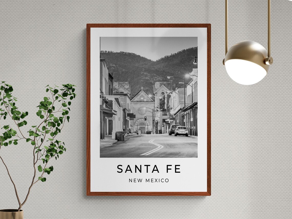 Santa Fe New Mexico Historic Street Church Mountain Monochrome Poster - Image 3
