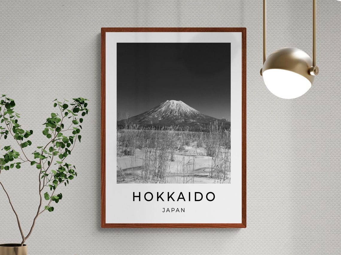 Hokkaido Japan Snow Capped Volcano Winter Landscape Black White Poster - Image 3