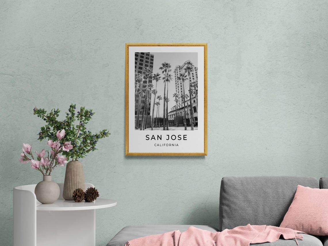 San Jose California Palm Trees Downtown Black And White Poster - Image 2