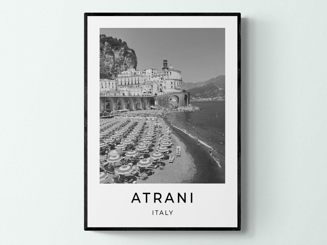Atrani Italy Amalfi Coast Beach Town Black And White Travel Poster