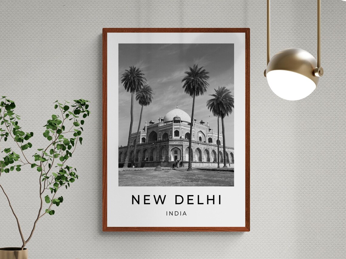 New Delhi India Humayun's Tomb Palm Trees Monochrome Travel Poster - Image 3