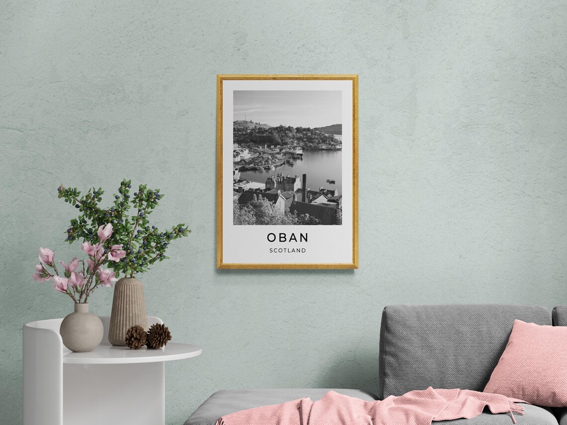 Oban Scotland Bay View Boats Hillside Town Harbor Monochrome Poster - Image 2