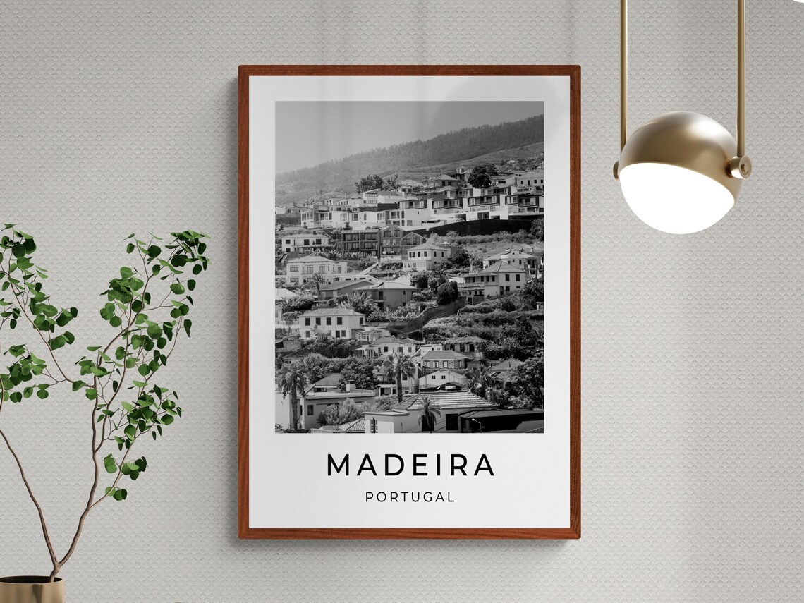 Madeira Portugal Hillside Village Terraced Houses Monochrome Poster - Image 3