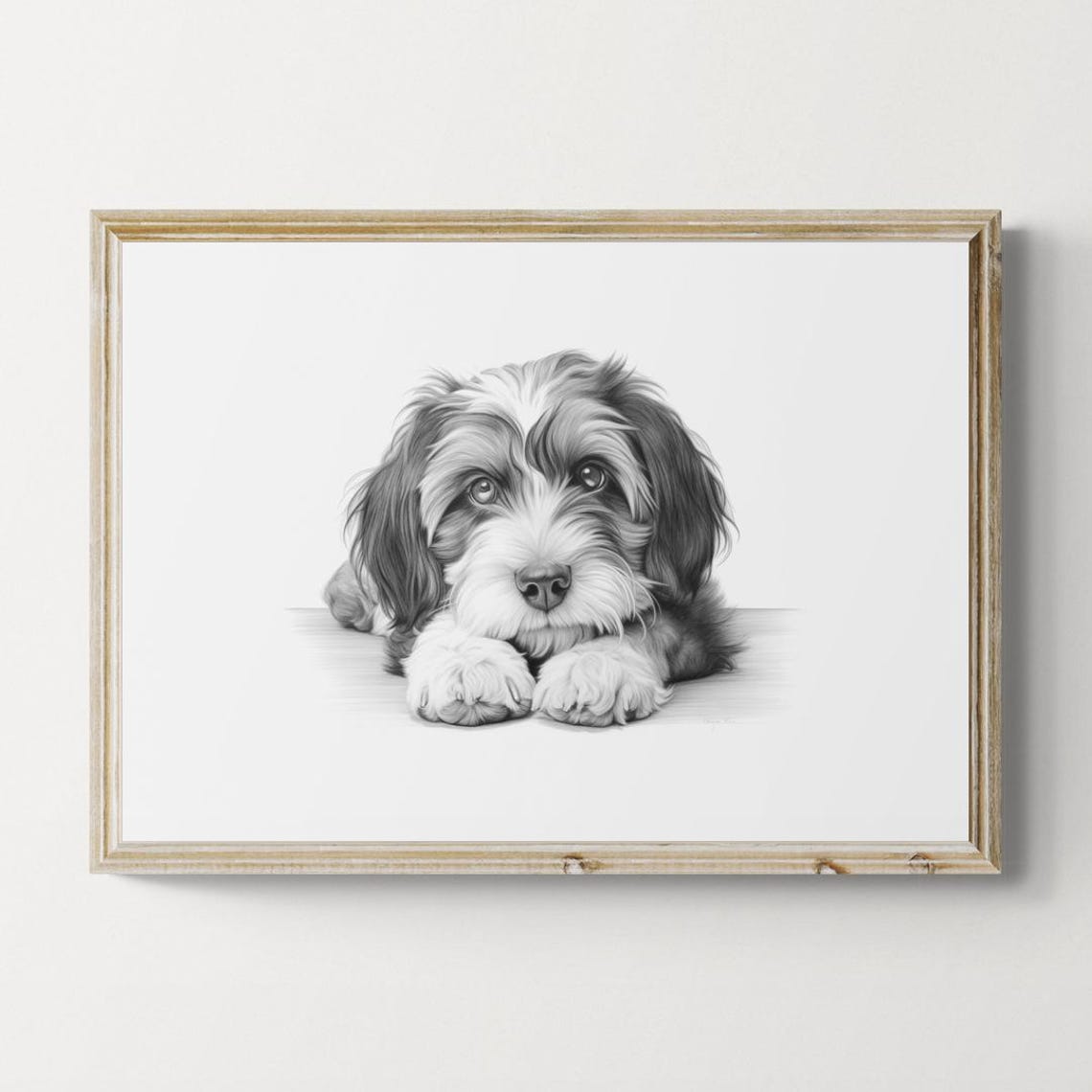 Tibetan Terrier Puppy Long Shaggy Coat Pencil Sketch Portrait Print