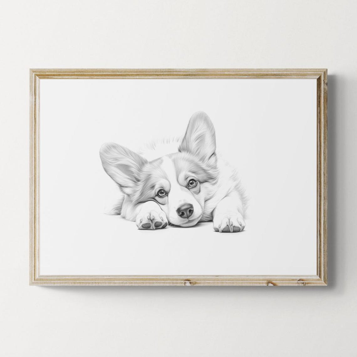 Corgi Dog Lying Down Big Ears Monochrome Sketch Vintage Dog Poster