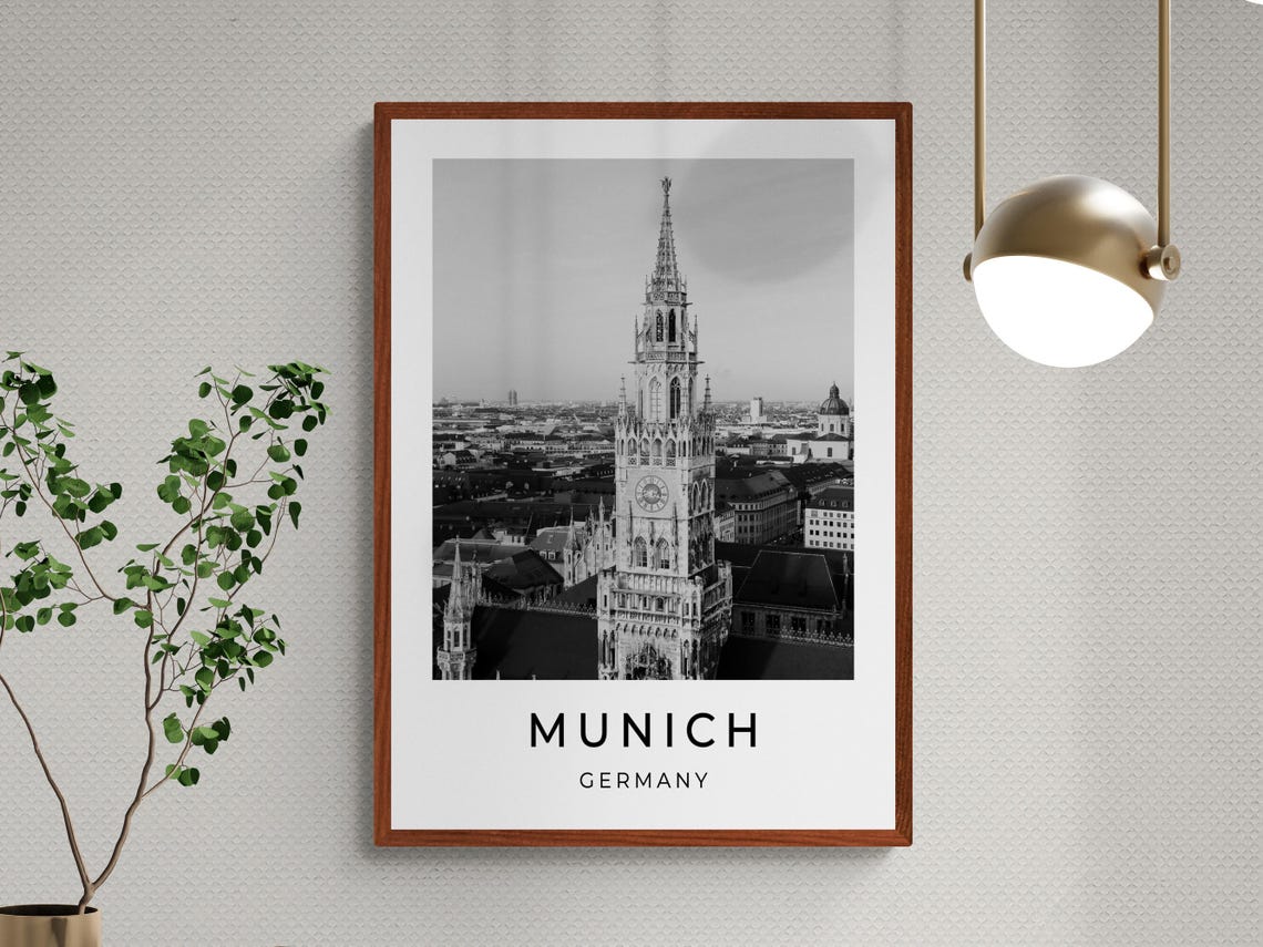 Munich Germany Black and White Town Hall Clock Tower Travel Poster - Image 2