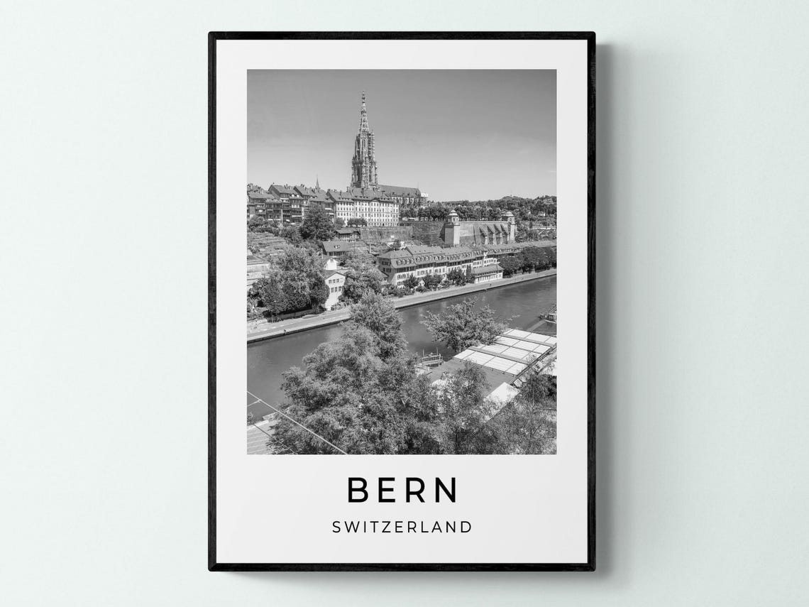 Bern Switzerland Cathedral Spire Aare River Black White Travel Poster