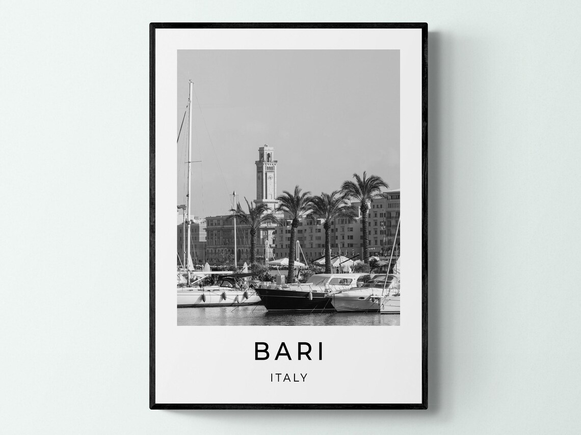 Bari Italy Marina Yachts Palm Trees Black And White Travel Poster