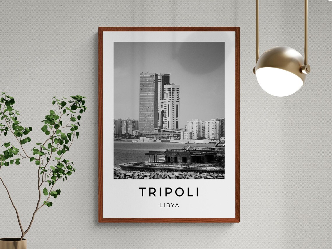 Tripoli Libya Waterfront Twin Towers Bay View Monochrome Travel Poster - Image 3