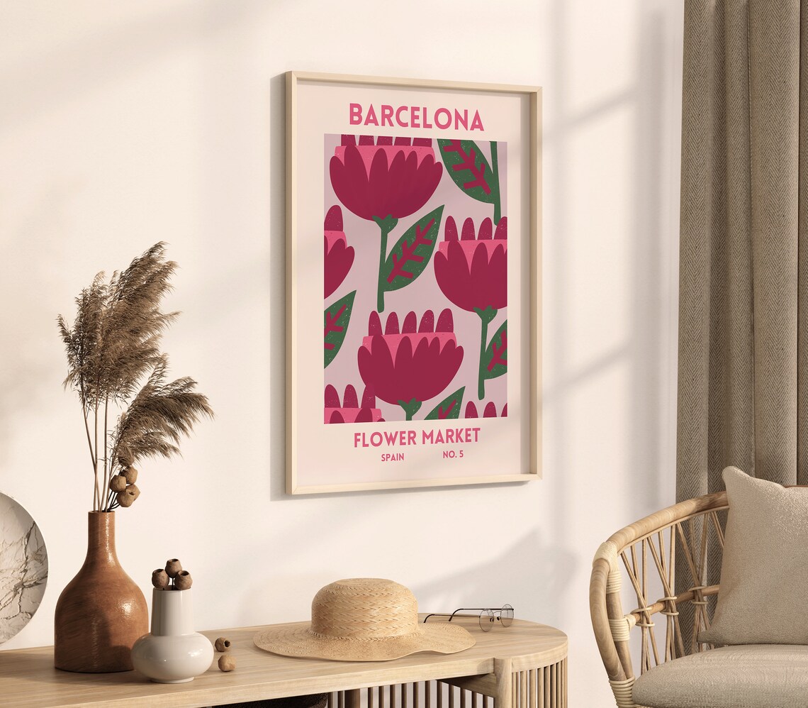 Barcelona Flower Market Spain No 5 Bold Pink Floral Art Poster - Image 2