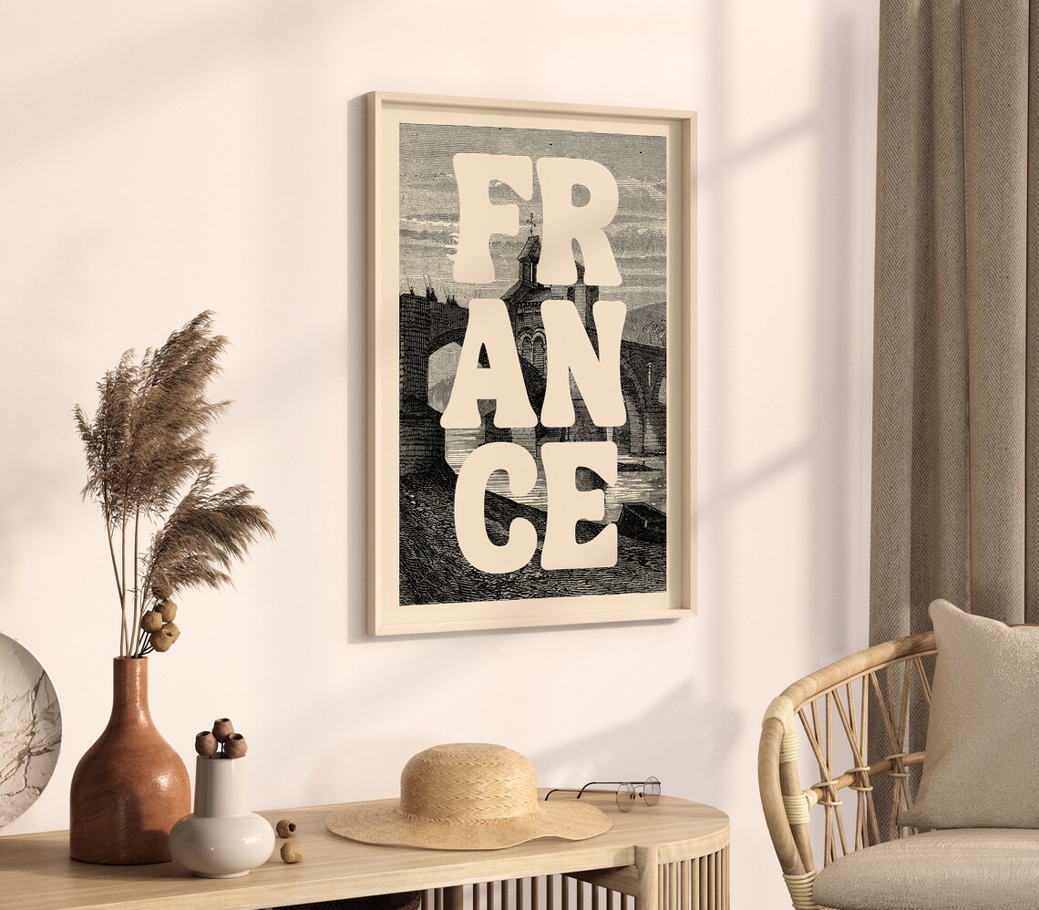 Vintage France Travel Poster With Antique Stone Bridge Engraving Art - Image 2