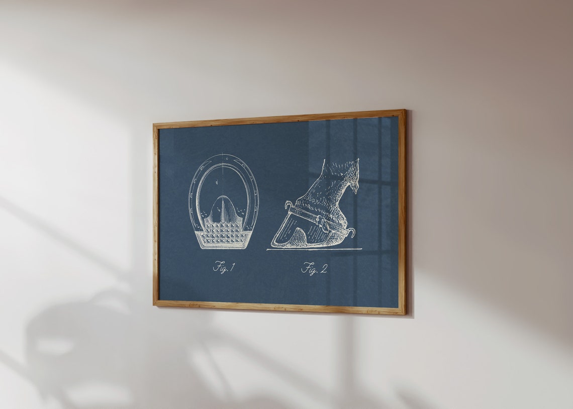 Vintage Horseshoe Patent Blueprint Diagram Navy Horizontal Wall Art - Image 2
