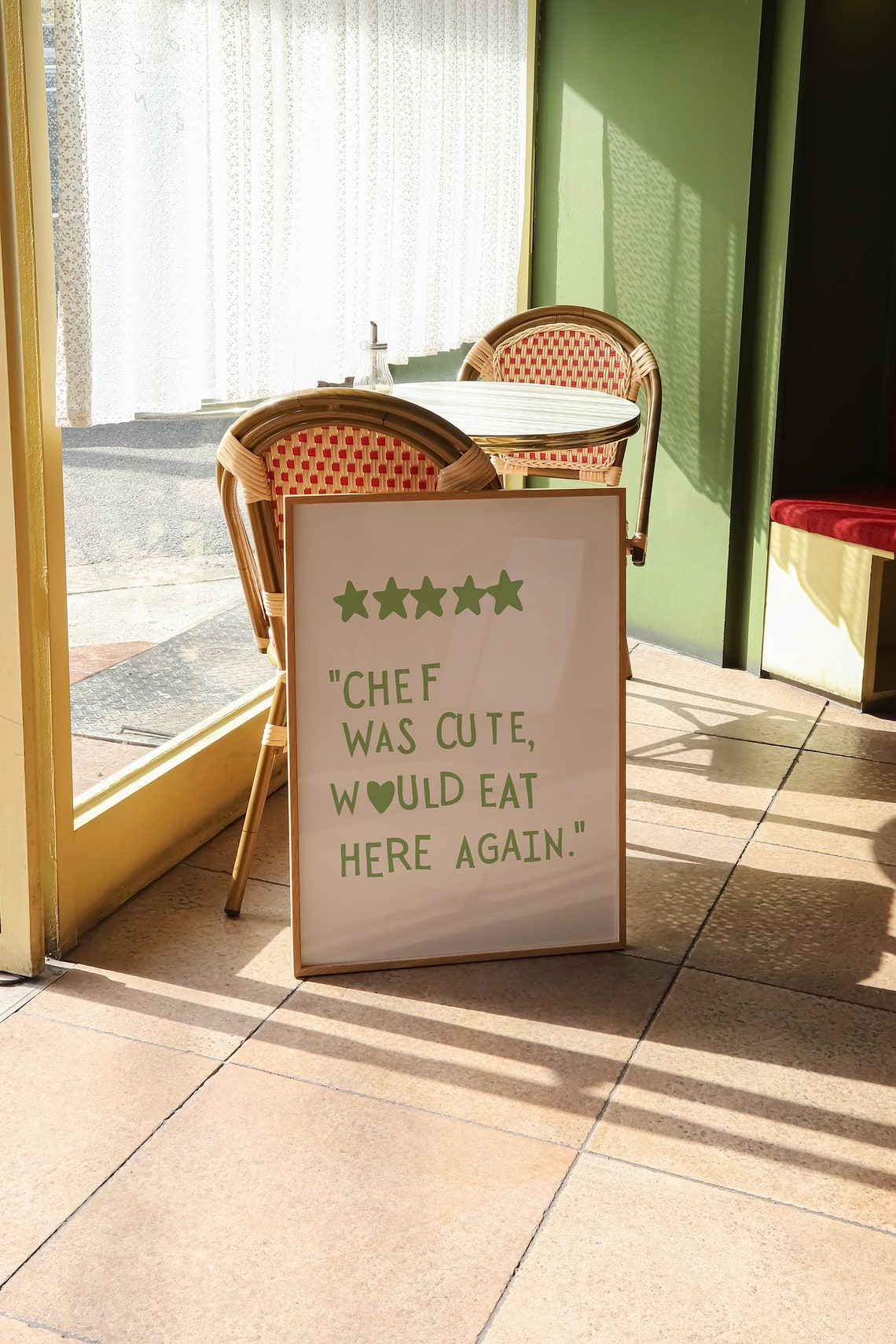 Chef Was Cute Would Eat Here Again Green Five Star Review Poster - Image 2