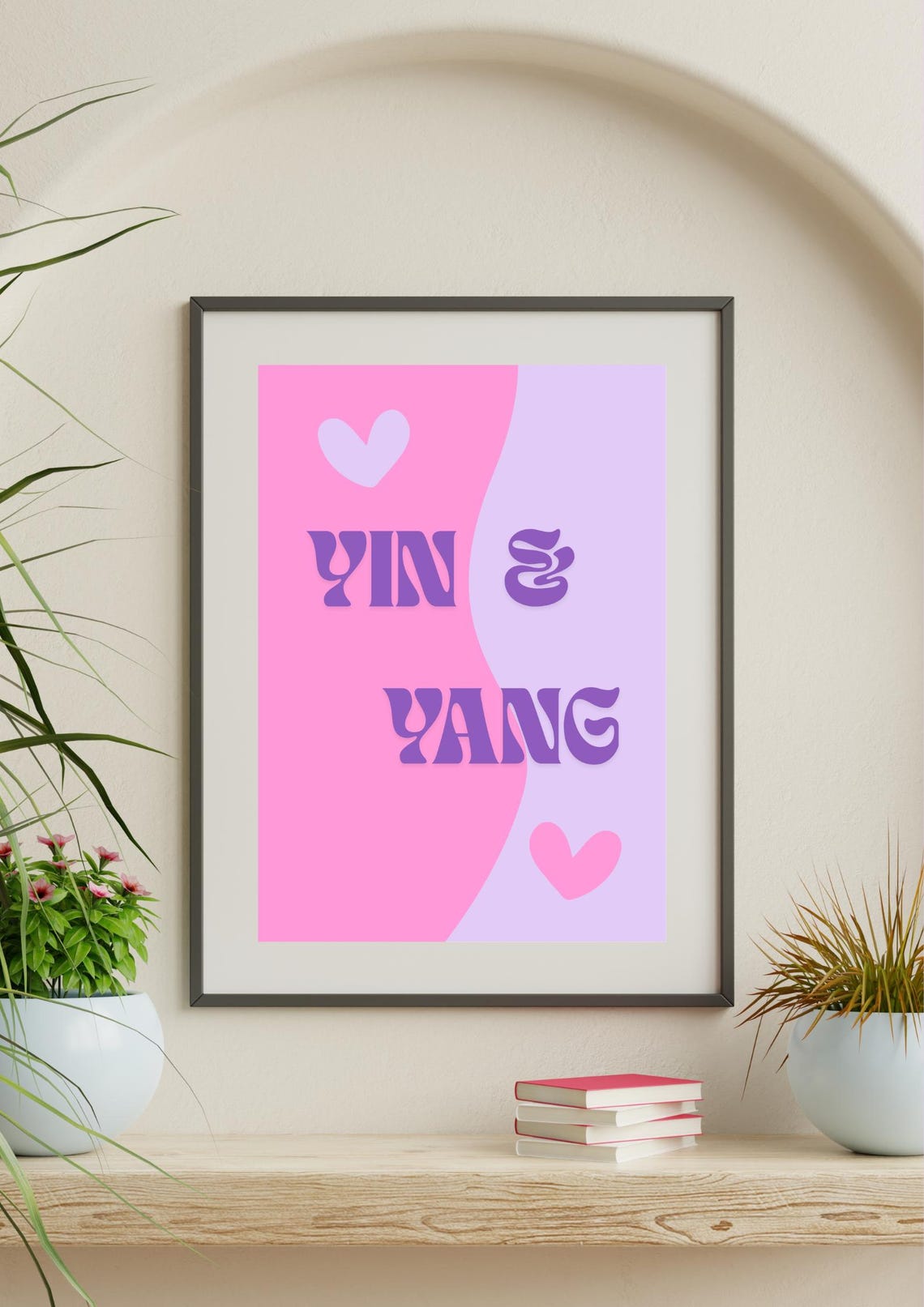 Yin And Yang Couples Poster Pink Purple Heart Retro Wall Decor