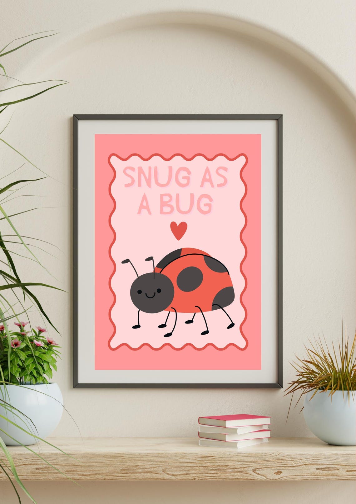 Snug As a Bug Cute Ladybird Pink Nursery Kids Room Art Poster