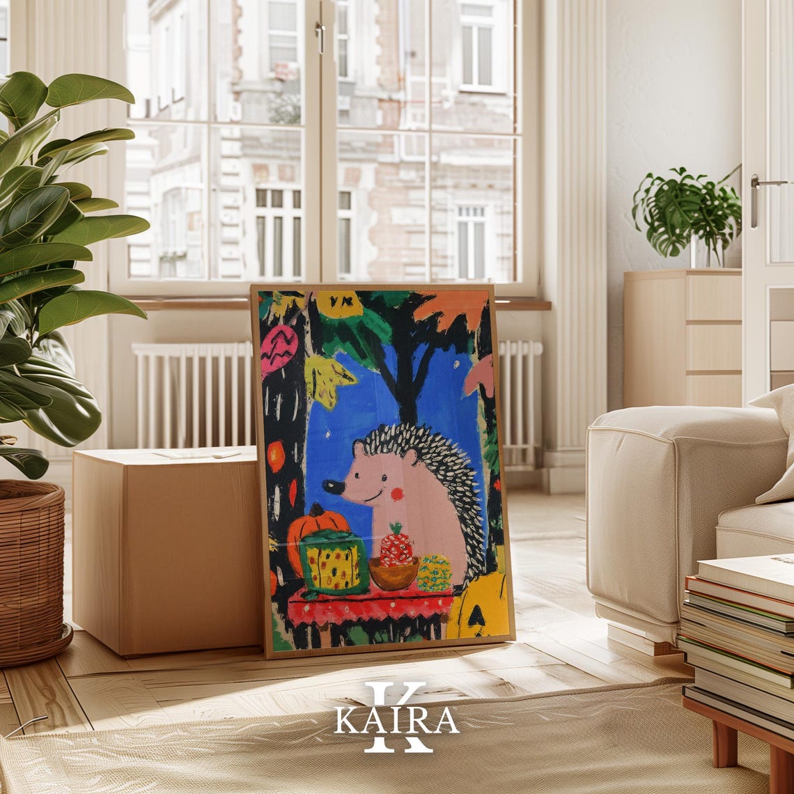 Smiling Pink Hedgehog Autumn Feast With Pumpkins and Treats Poster - Image 3