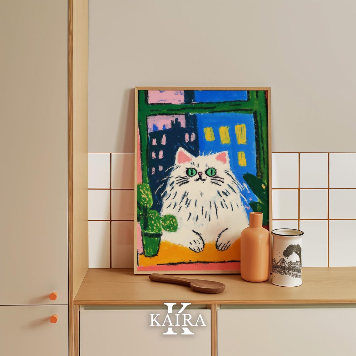 Fluffy White Cat Sitting in a Window Above the Night City Poster - Image 5