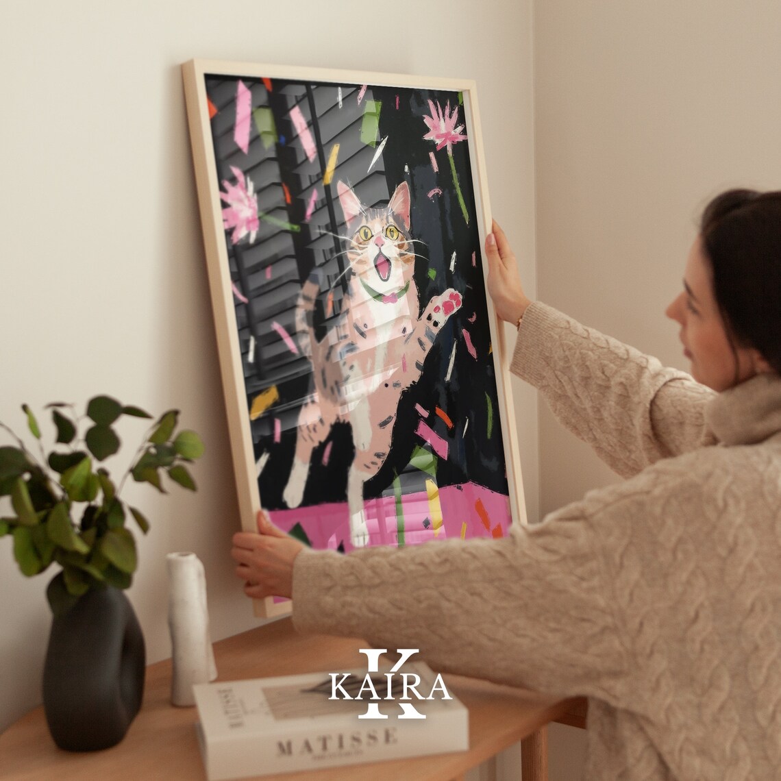 Joyful Tabby Kitten Leaping Through Confetti And Flowers Party Art Poster - Image 4