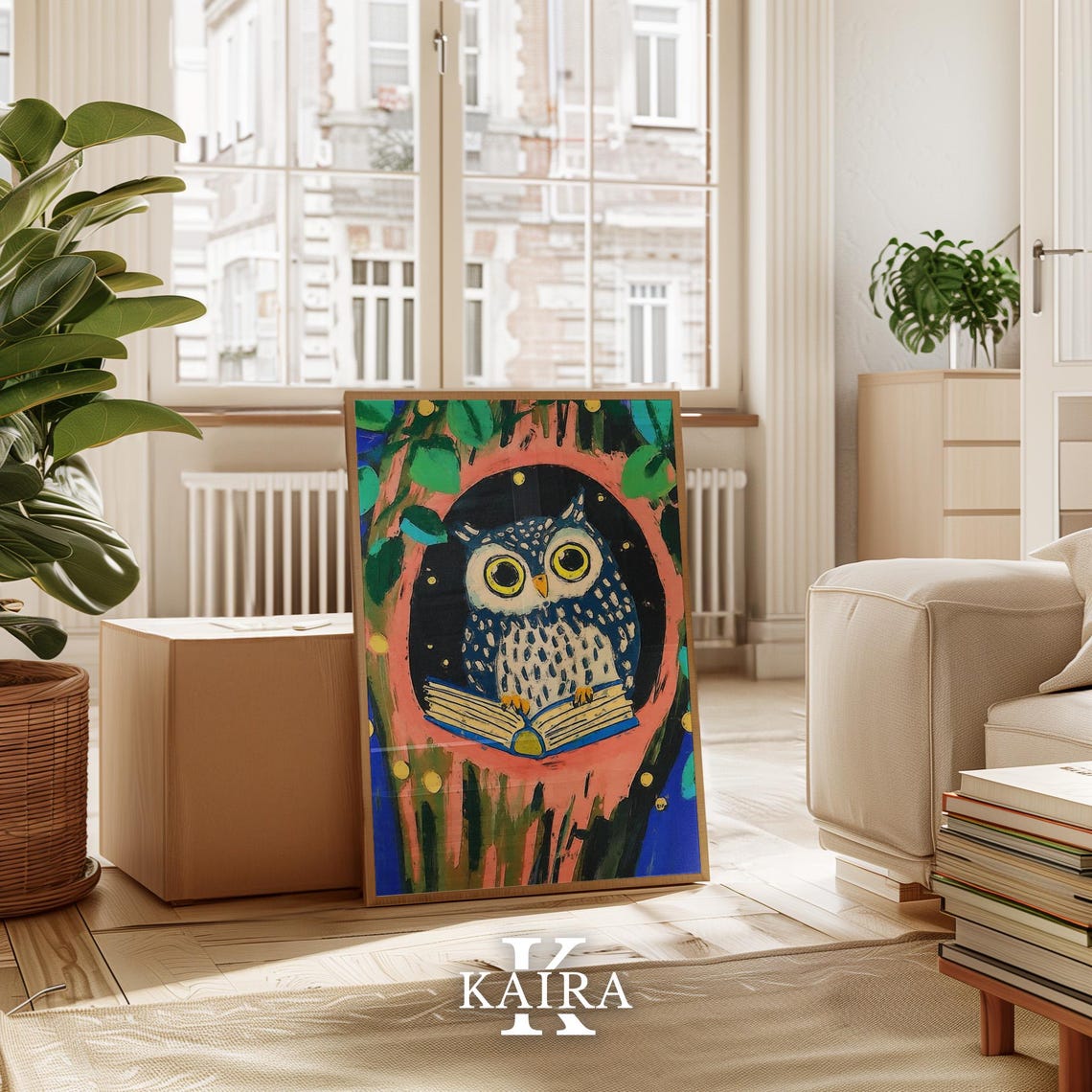 Wise Speckled Owl Reading A Book In A Tree Hollow At Night Poster - Image 3