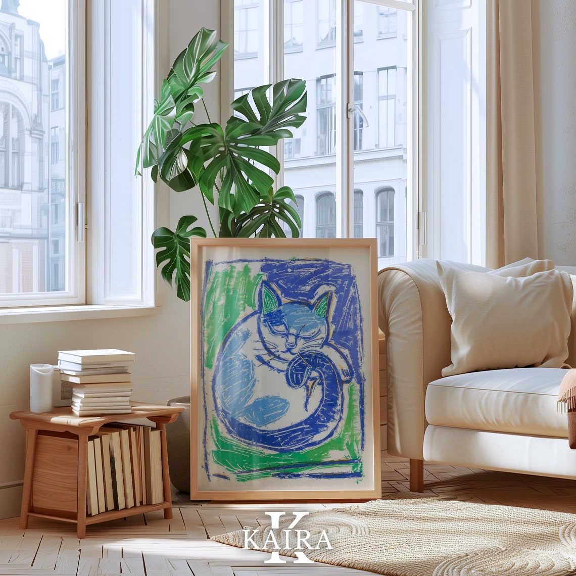 Calm Blue Cat Sleeping Curled Up Abstract Cat Painting Poster - Image 4