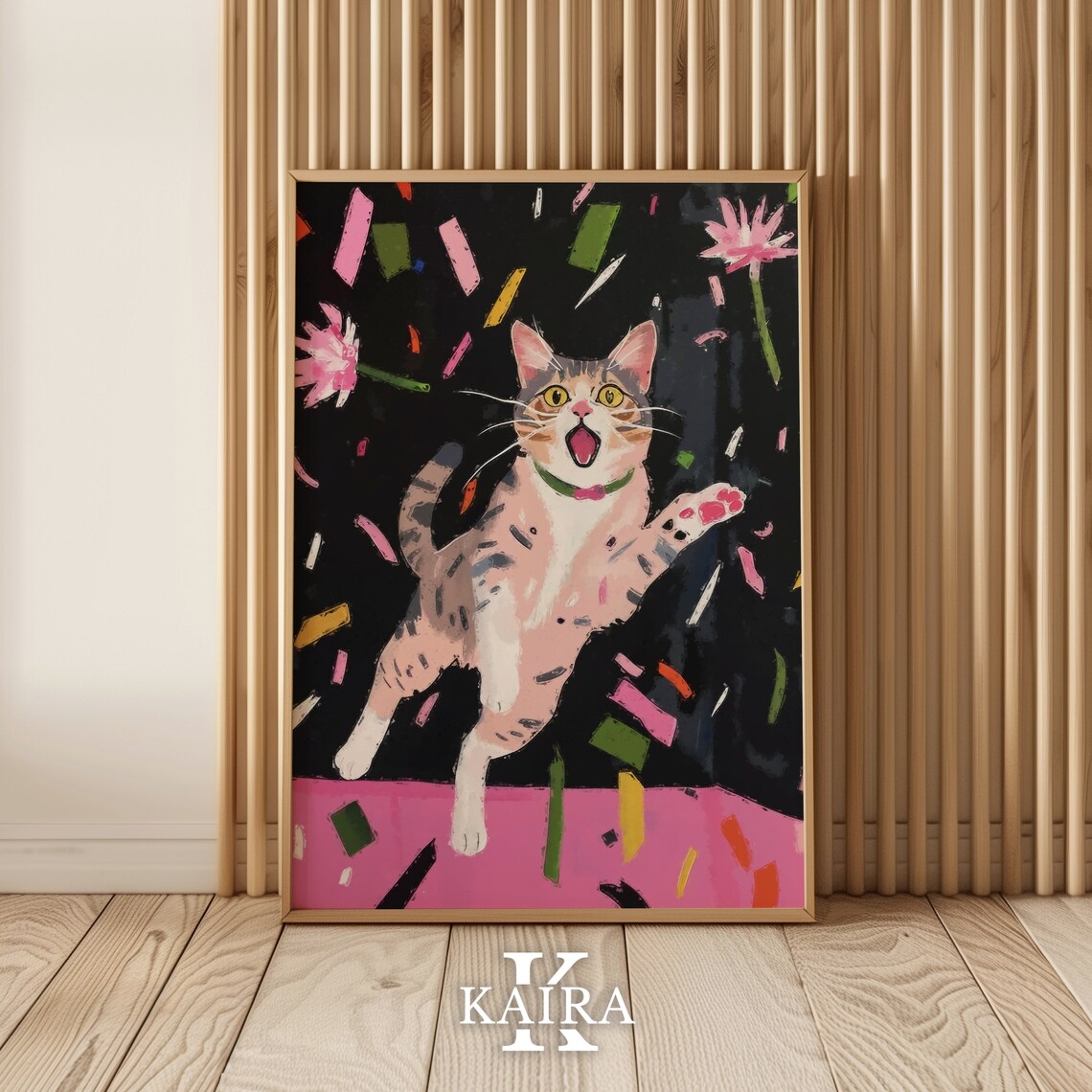 Joyful Tabby Kitten Leaping Through Confetti And Flowers Party Art Poster - Image 2