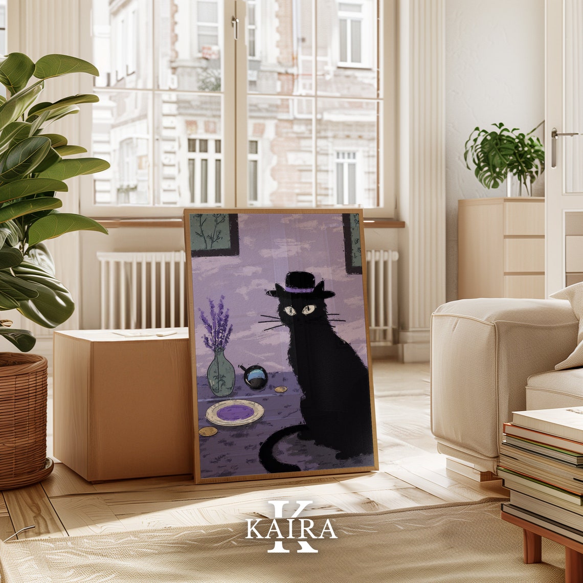 Sleuth Black Cat In Bowler Hat At Tea Table Detective Art Poster - Image 3
