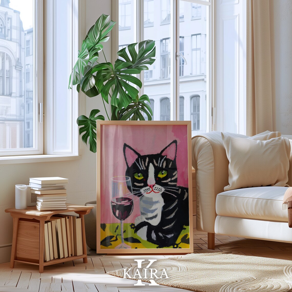 Black Tabby Cat With Green Eyes And A Glass Of Red Wine Poster - Image 3