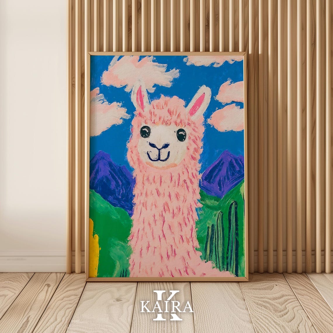 Fluffy Pink Llama Smiling Against Purple Mountains and Clouds Poster - Image 5