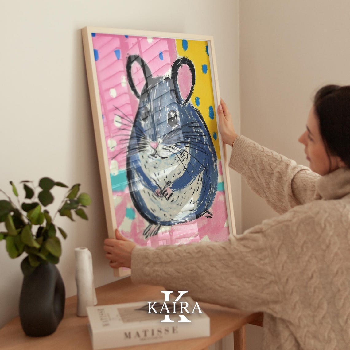 Chubby Blue Grey Mouse Portrait on a Colorful Polka Dot Poster - Image 2