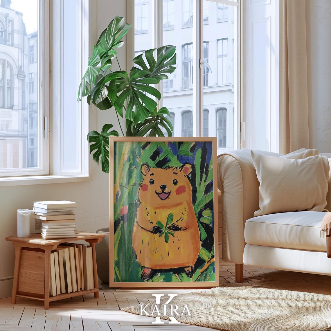 Smiling Orange Hamster Holding a Green Leaf Among Foliage Poster - Image 4
