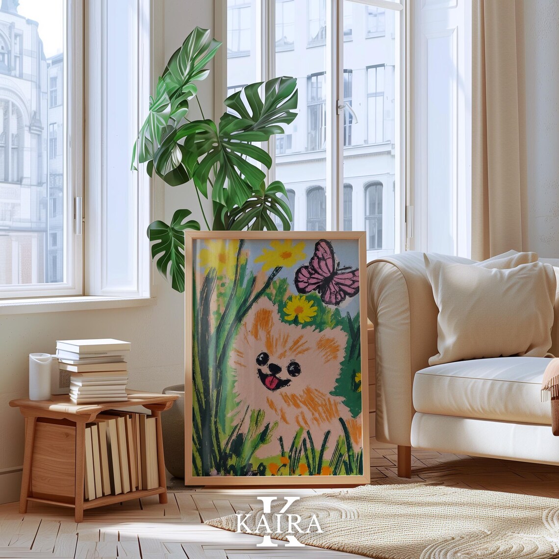 Fluffy Orange Puppy Chasing a Pink Butterfly in a Daisy Field Poster - Image 4