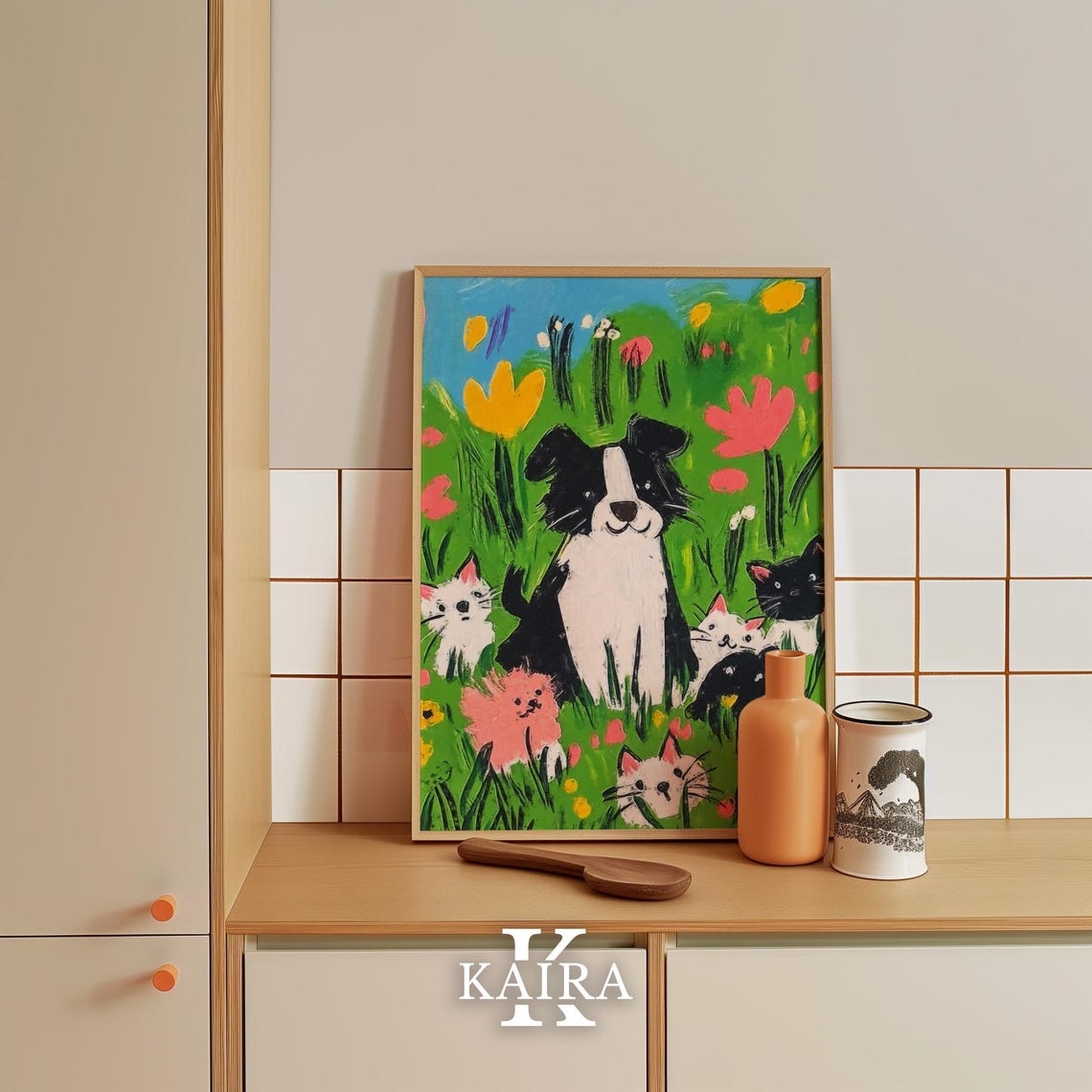 Border Collie Puppy Surrounded by Kittens in a Flower Field Poster - Image 5