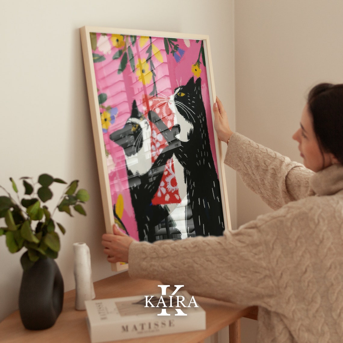 Two Tuxedo Cats Tugging Over A Red Gift Box Playful Holiday Art Poster - Image 4