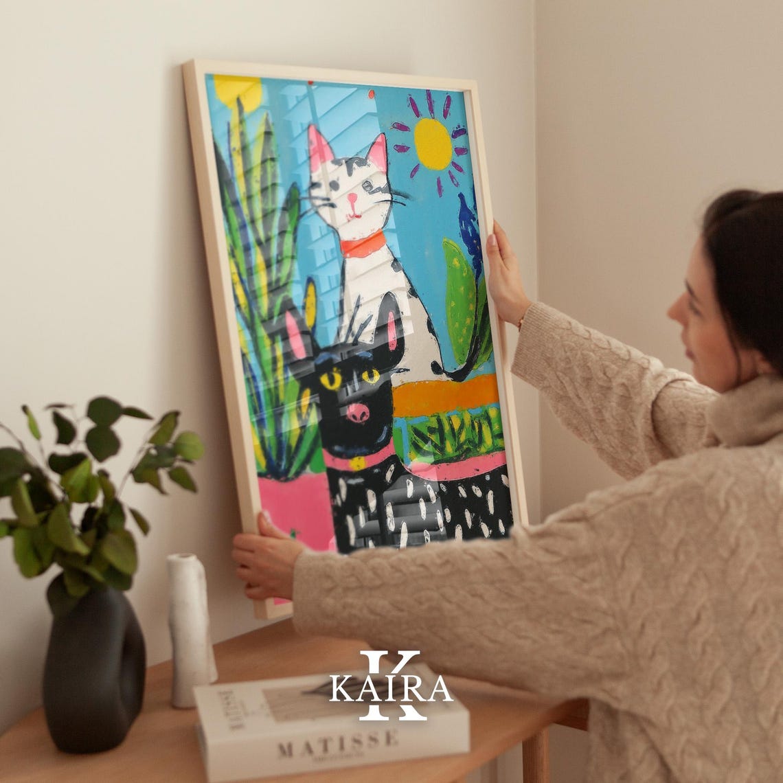 Spotted Black Dog and White Cat Under the Sun in a Garden Poster - Image 2