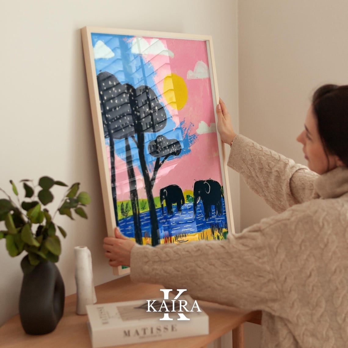 Two Elephants Drinking at a River Under a Pink Sunset Sky Poster - Image 2