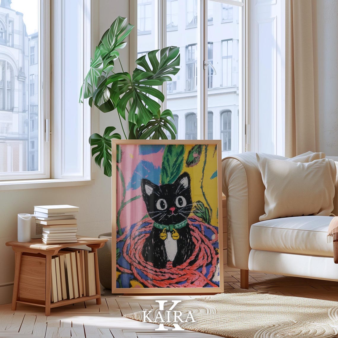 Black Kitten with a Golden Bell Collar Resting in Red Yarn Poster - Image 4