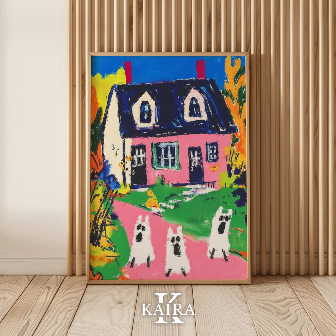 Spooky Pink Haunted House With Three Friendly White Ghosts Poster - Image 4