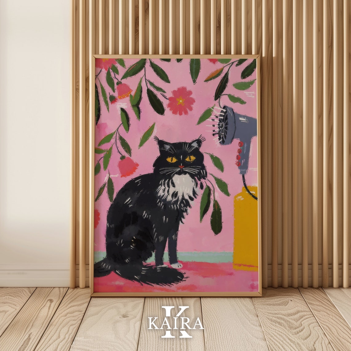 Wet Black Cat Eyeing A Blow Dryer Quirky Bath Time Humor Art Poster - Image 2