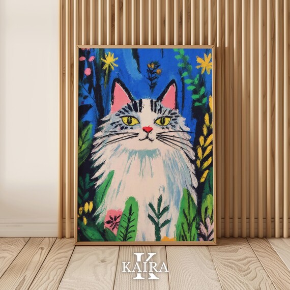 Fluffy White Cat With Yellow Eyes in a Moonlit Garden Poster