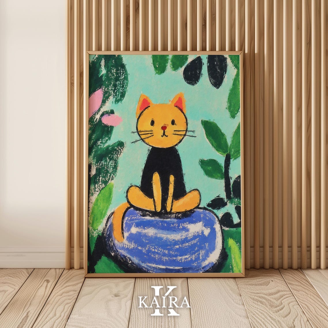 Orange Cat Sitting on a Blue Rock in a Lush Green Garden Poster - Image 5